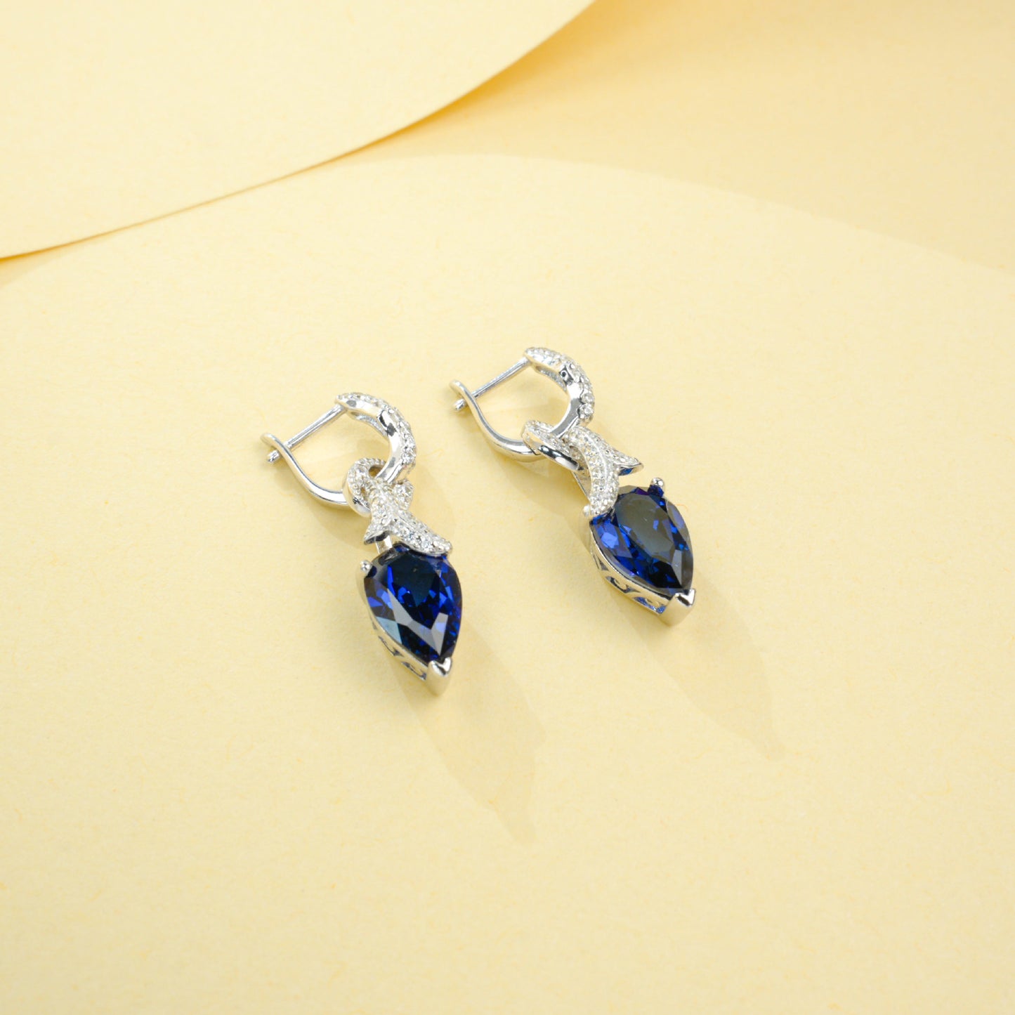 S925 Sterling Silver Lab Sapphire Teardrop Pave Long Drop Earrings, Birthday Gift - Photo 3