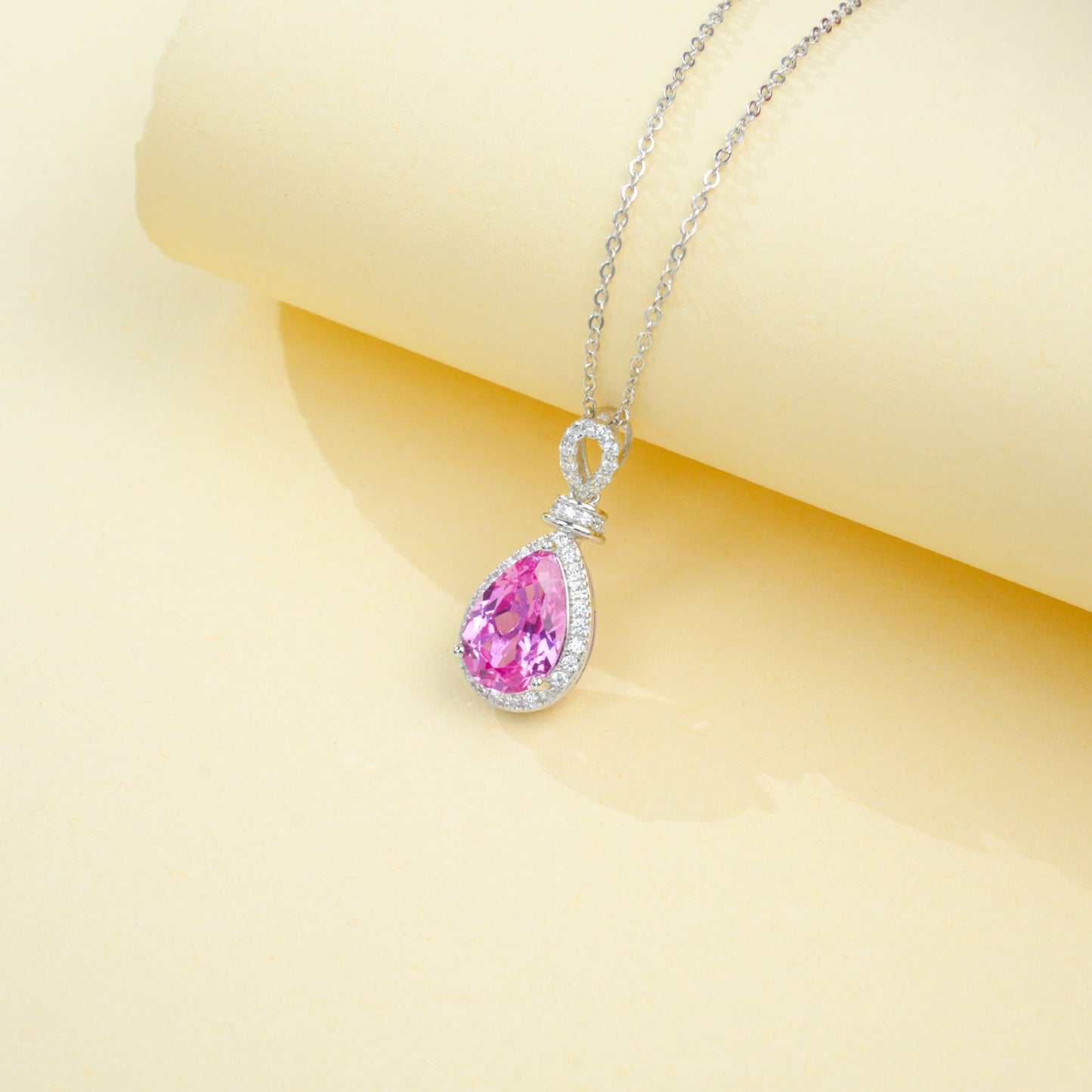S925 Sterling Silver Lab Padparadscha Teardrop Halo Necklace, Date Premium for Women - Photo 2
