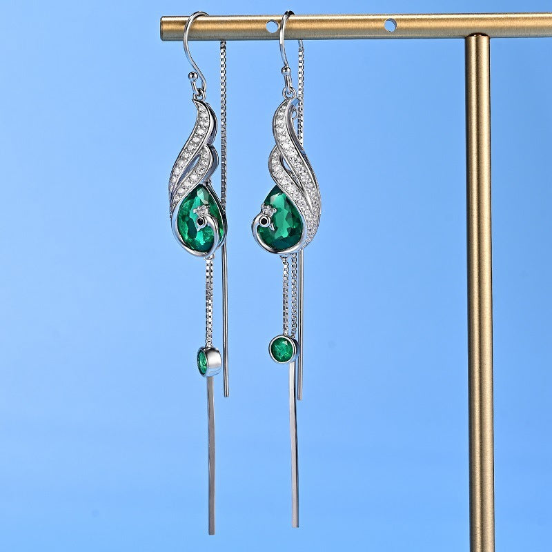 S925 Silver Phoenix Long Tassel Teardrop Lab Emerald Drop Earrings, Vintage Style - Photo 2