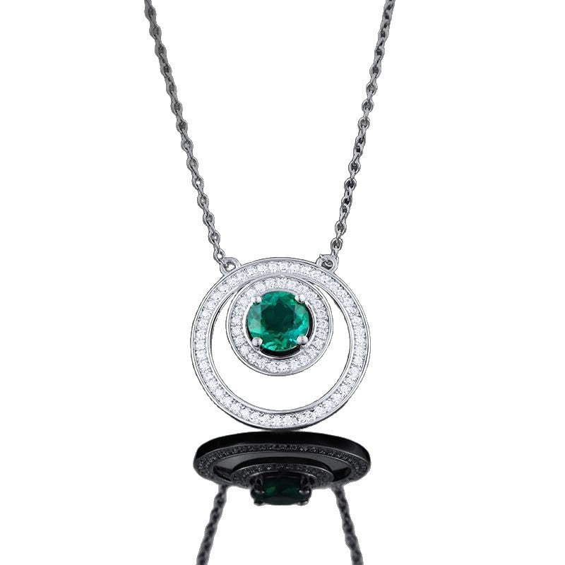 925 Sterling Silver Lab Emerald Double-Ring Starburst Necklace, French Gift - Photo 5