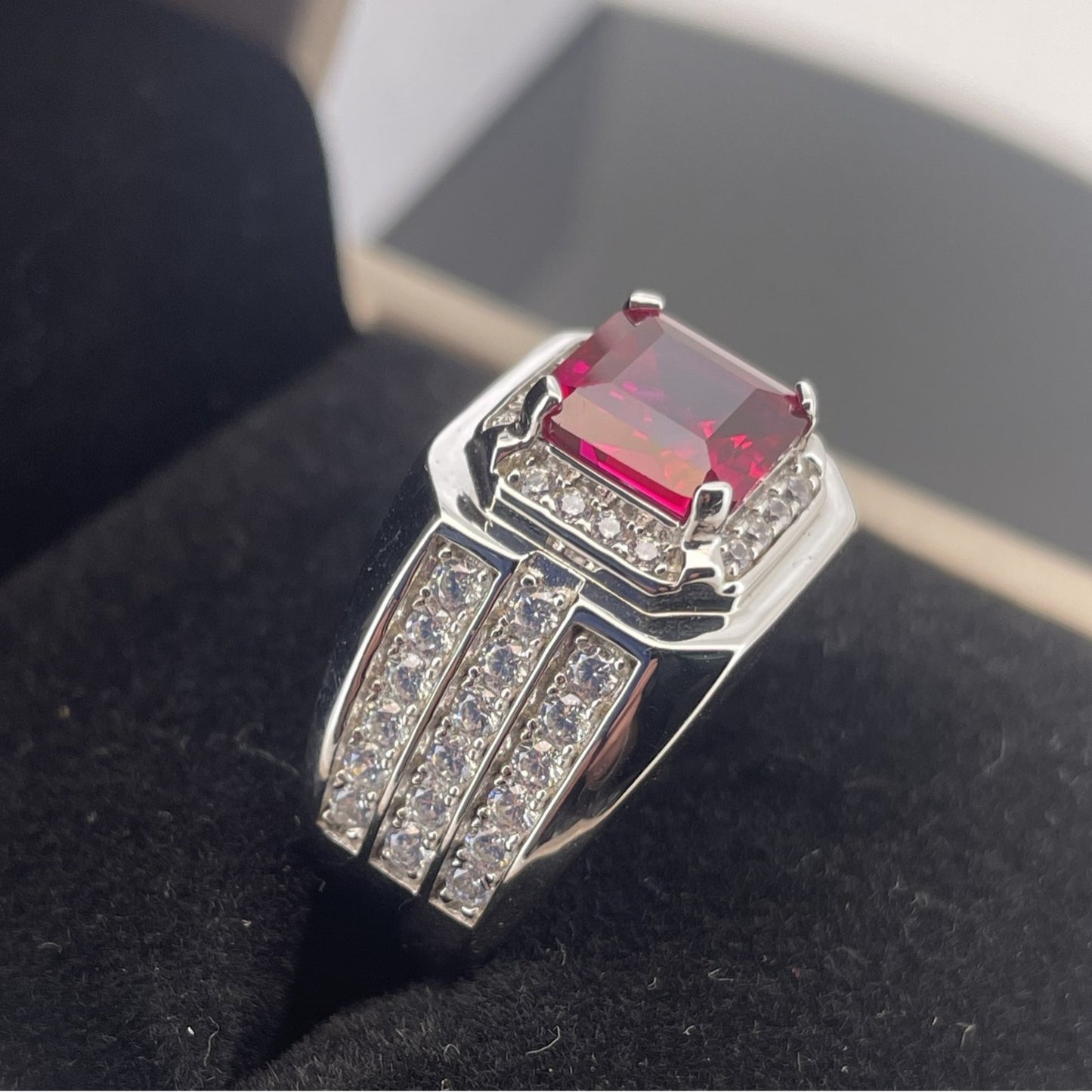 925 Sterling Silver Lab Ruby Men's Pave Square Ring - Photo 4