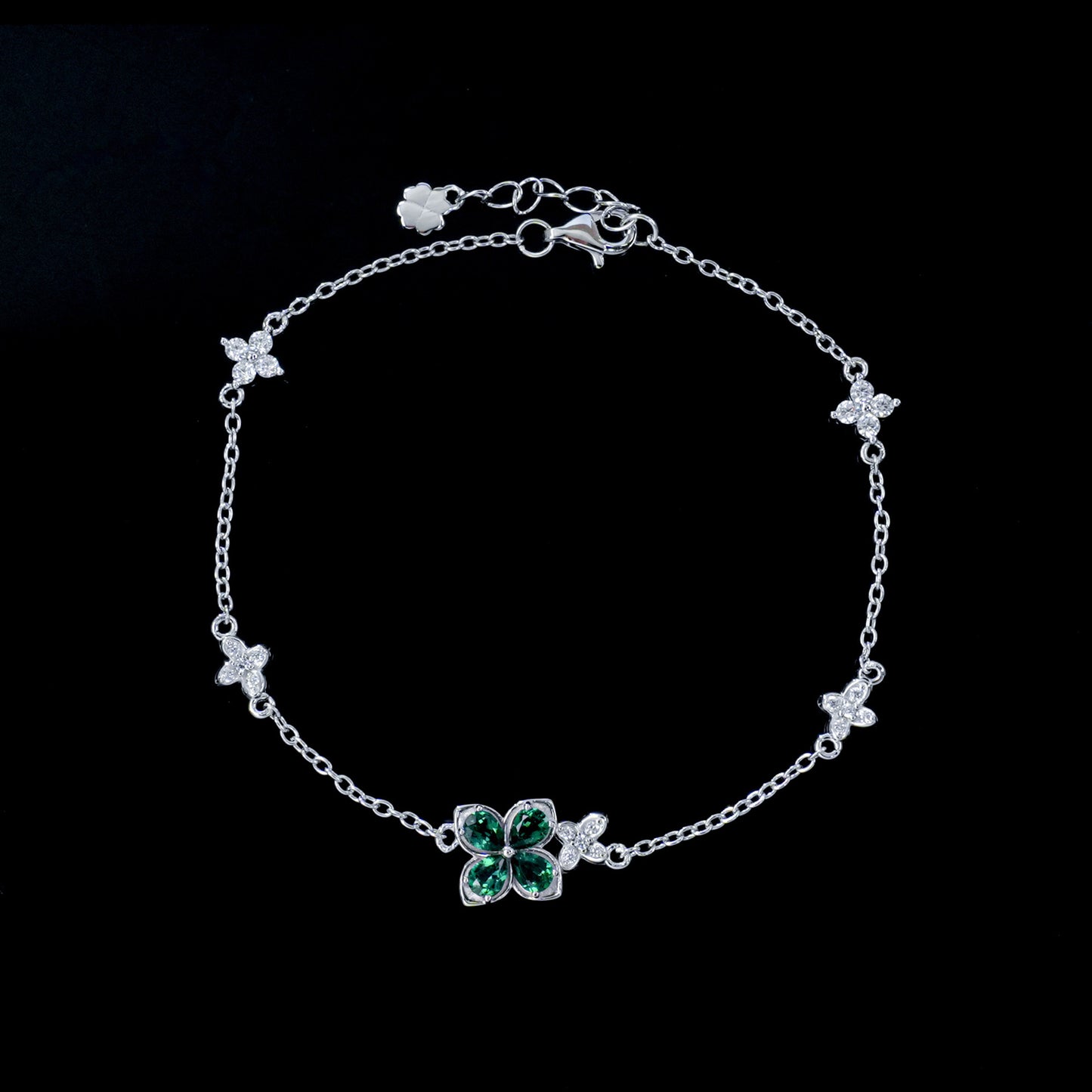 S925 Silver Four-Leaf Clover Lab Emerald Bracelet, Full Diamond Flower - Photo 2