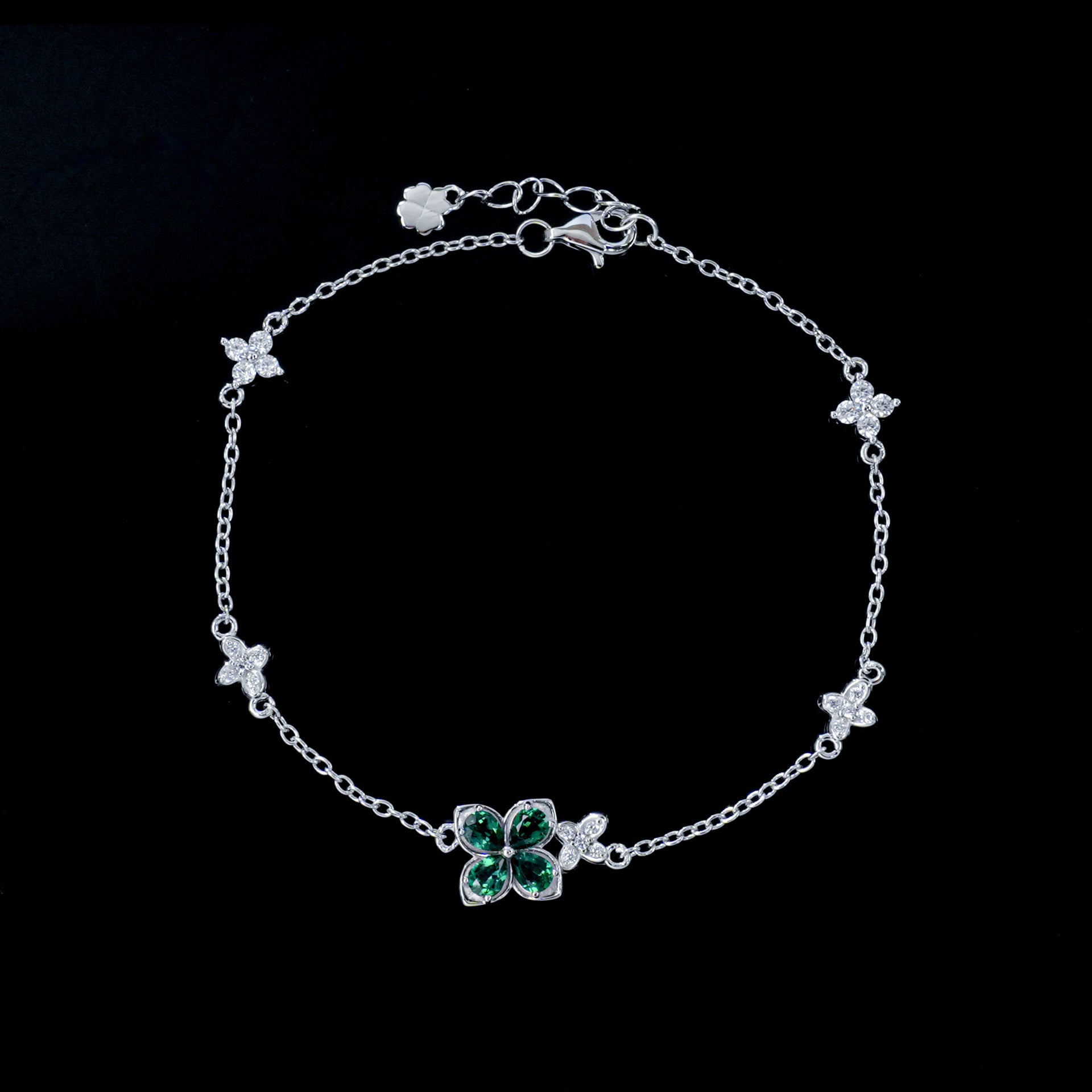 S925 Silver Four-Leaf Clover Lab Emerald Bracelet, Full Diamond Flower - Photo 2