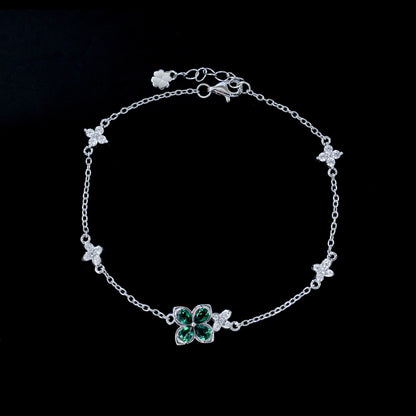 S925 Silver Four-Leaf Clover Lab Emerald Bracelet, Full Diamond Flower - Photo 2