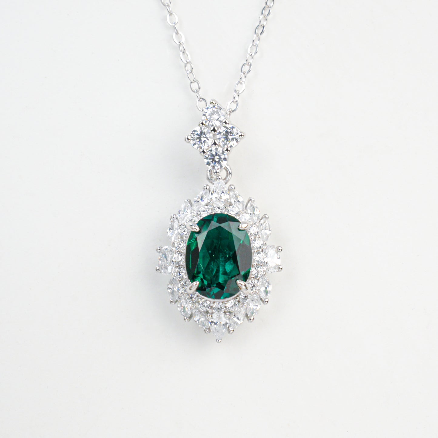 S925 Sterling Silver Lab Emerald Pave Pendant Necklace, Green Halo Versatile - Photo 5
