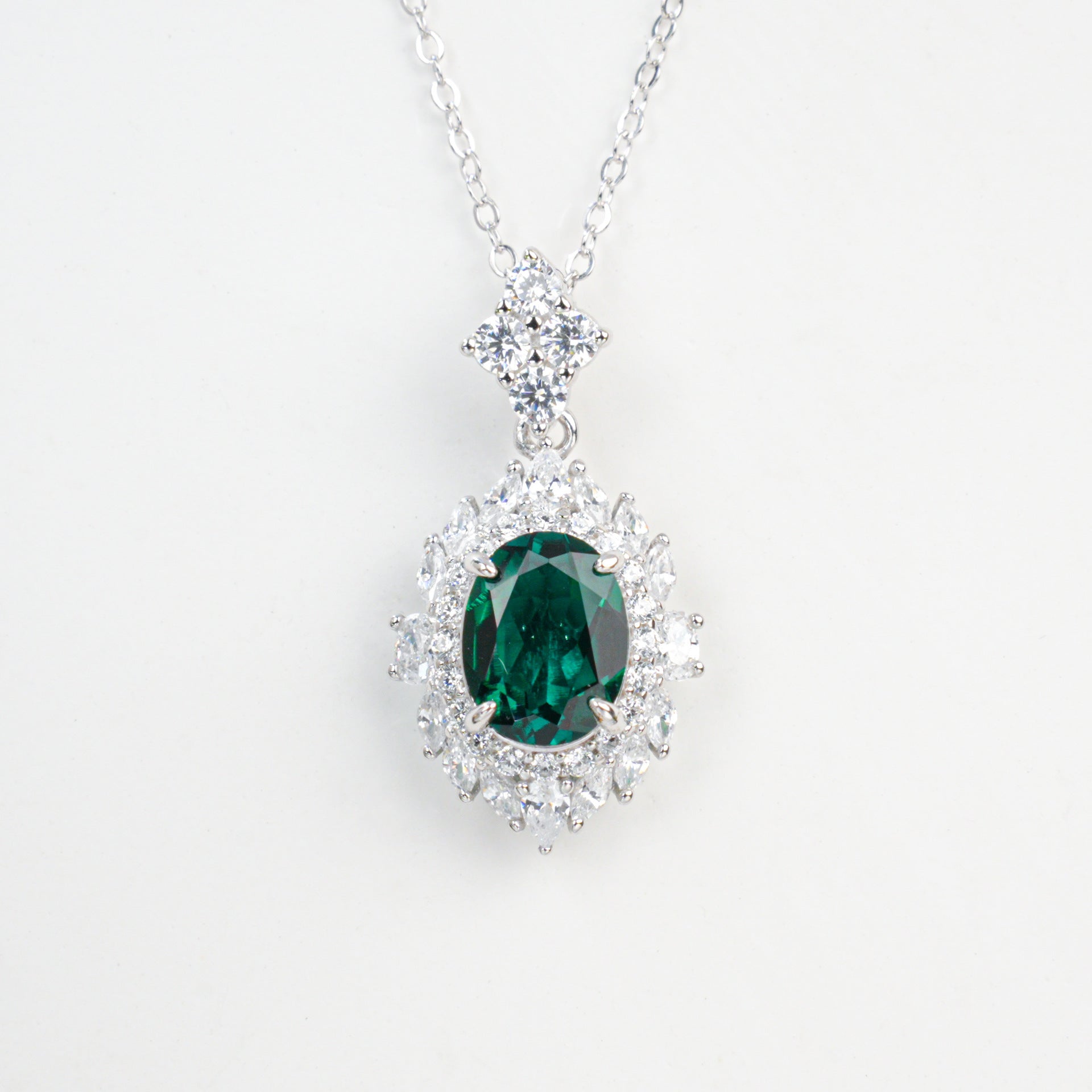 S925 Sterling Silver Lab Emerald Pave Pendant Necklace, Green Halo Versatile - Photo 5