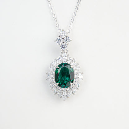S925 Sterling Silver Lab Emerald Pave Pendant Necklace, Green Halo Versatile - Photo 5