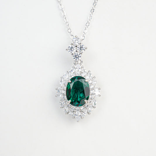 S925 Sterling Silver Lab Emerald Pave Pendant Necklace, Green Halo Versatile - Photo 5