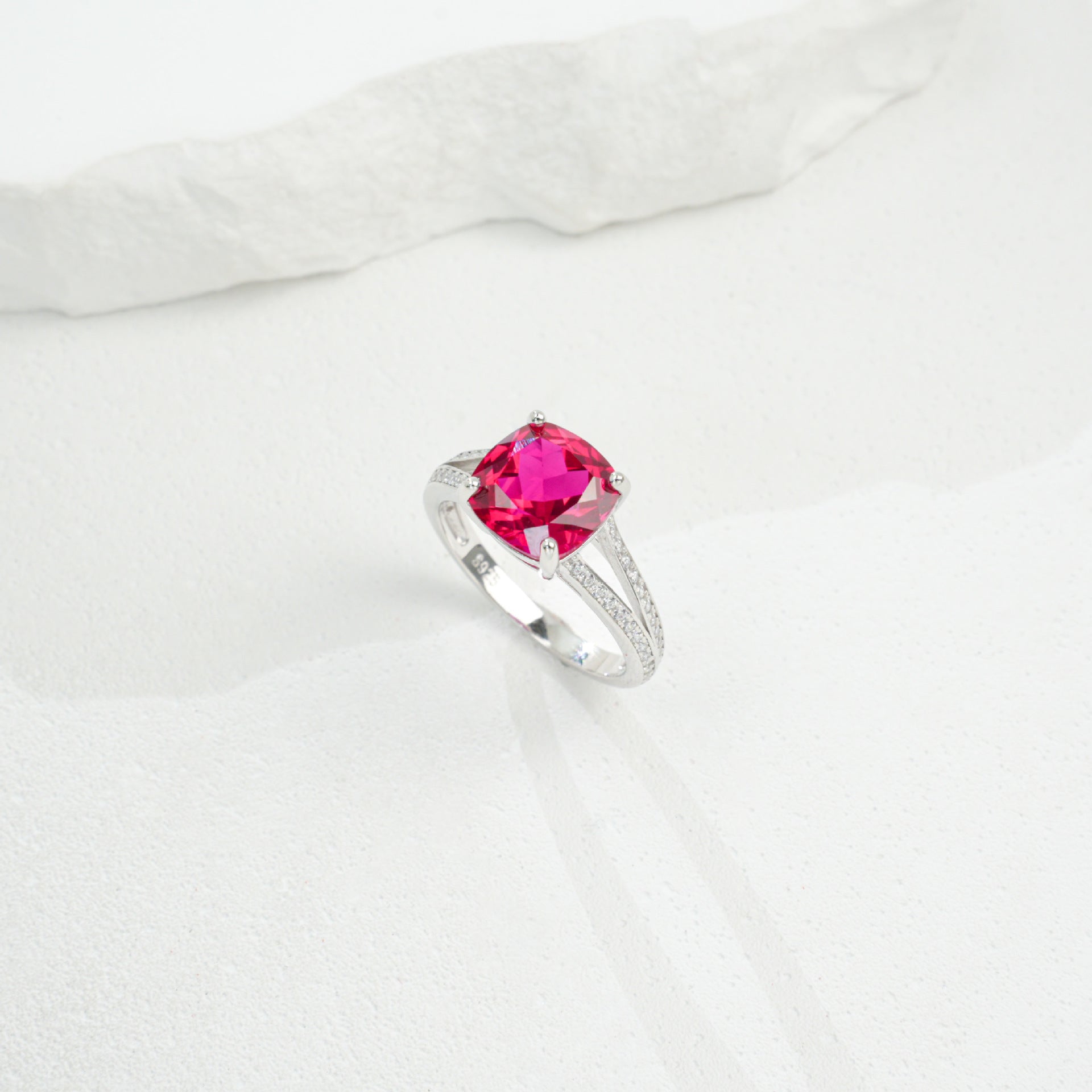 S925 Sterling Silver Lab Ruby Cushion Pave Ring, for Women - Photo 3