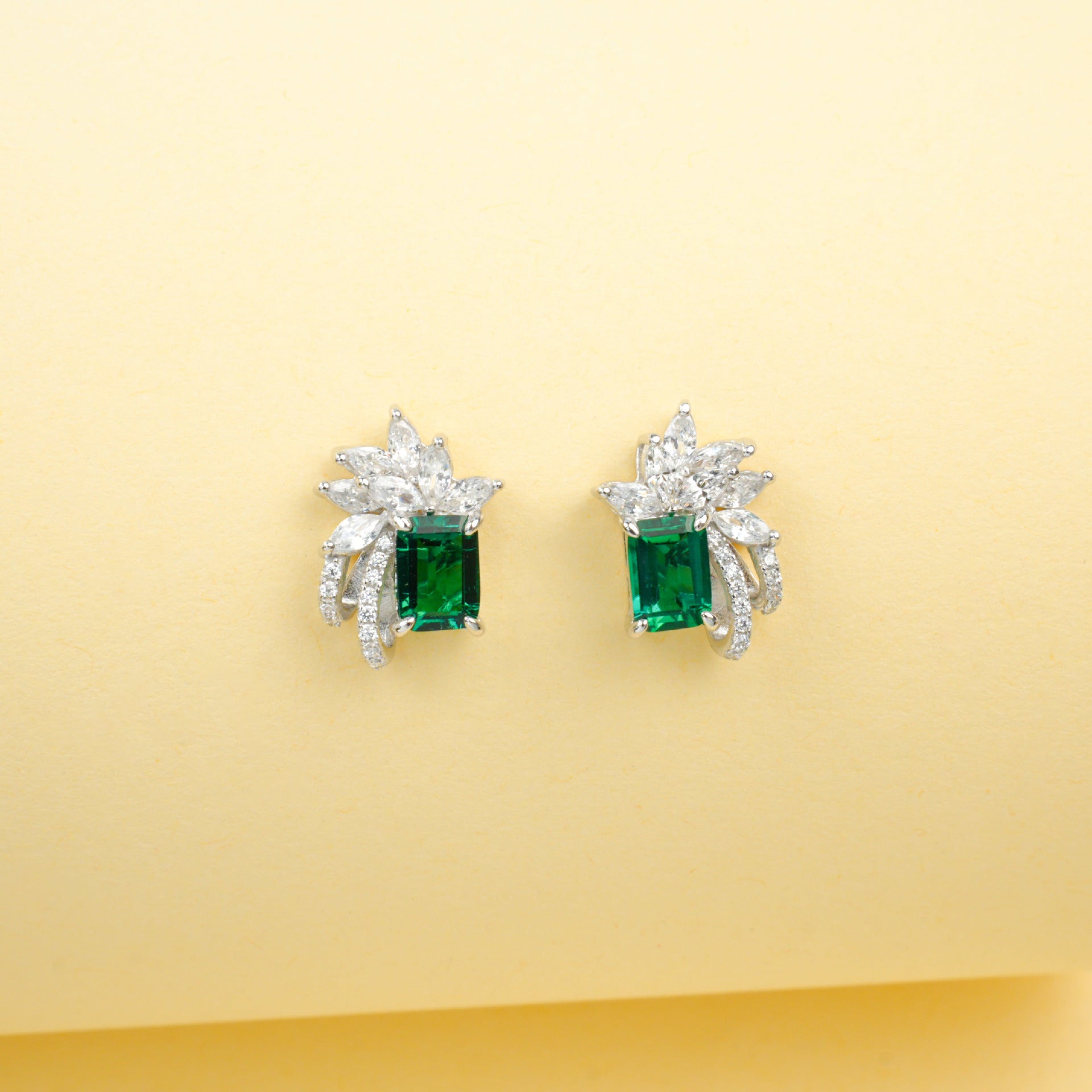 925 Sterling Silver Lab Emerald Square Stud Earrings, Princess Premium Vintage - Photo 2