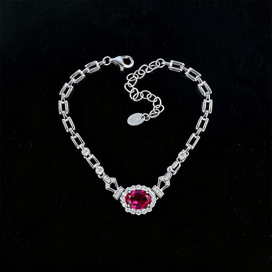 S925 Silver Oval Lab Ruby Bracelet, Full Diamond Halo - Photo 3