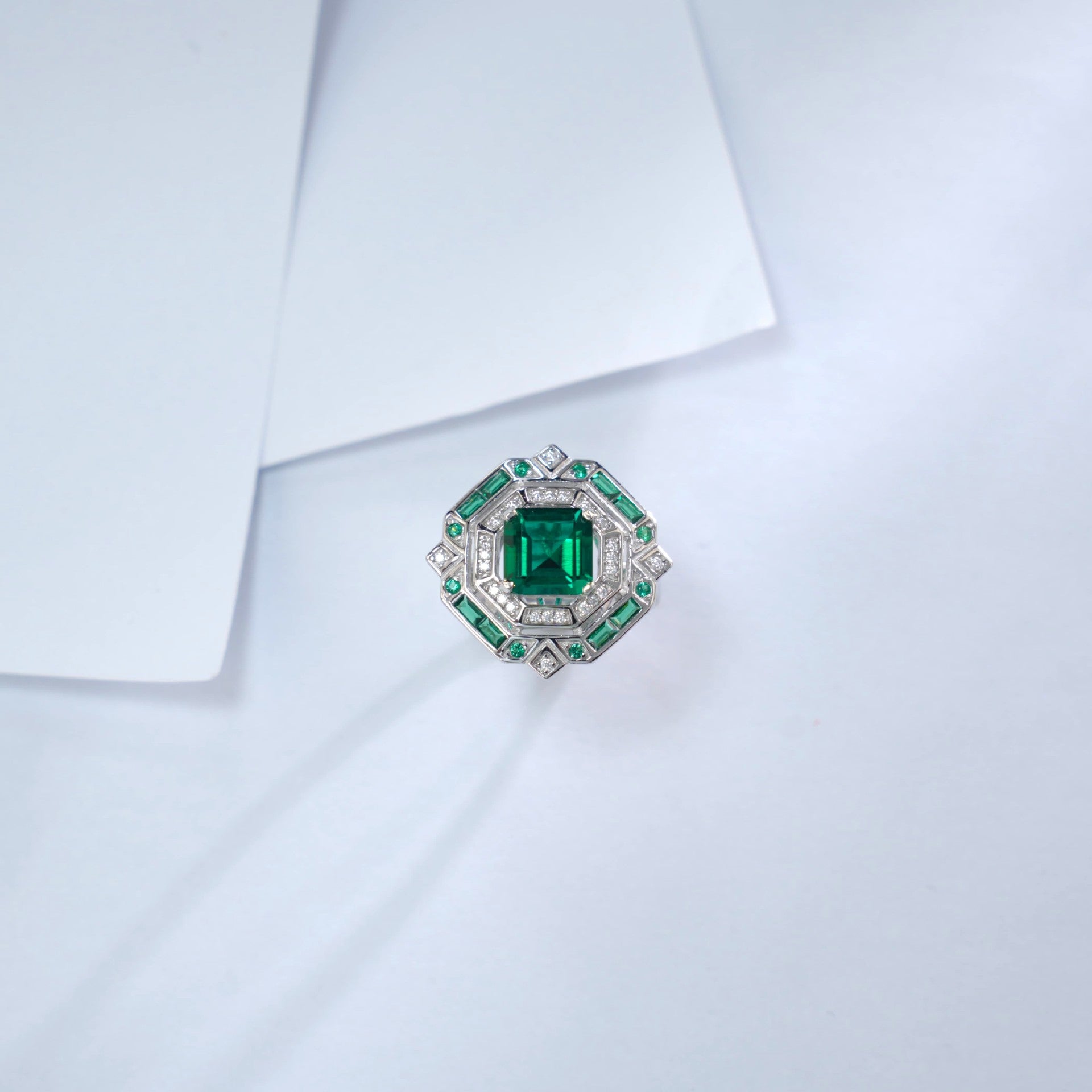 S925 Silver Multi-Layer Halo Lab Emerald Ring, Vintage Engagement - Photo 3