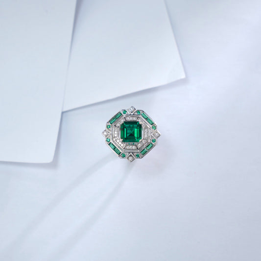 S925 Silver Multi-Layer Halo Lab Emerald Ring, Vintage Engagement - Photo 3