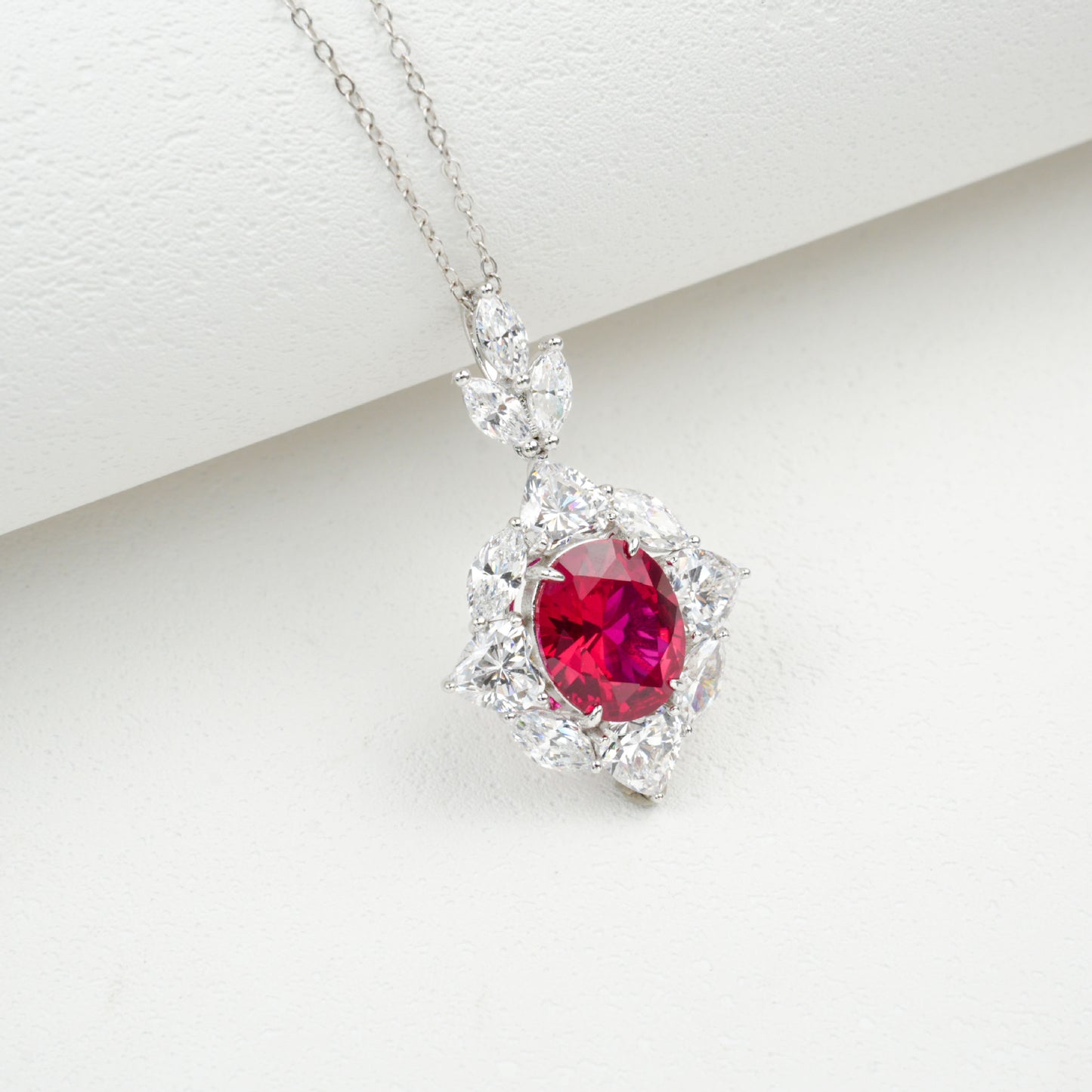 S925 Sterling Silver Lab Ruby Marquise Halo Pendant Necklace, French Premium - Photo 2