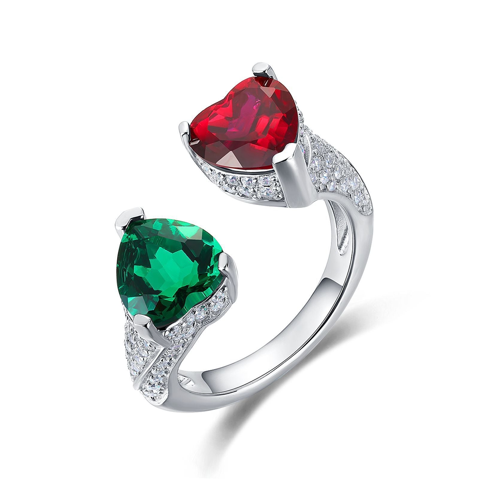 925 Silver Red-Green Heart Ring, Versatile Heart Open - Photo 5