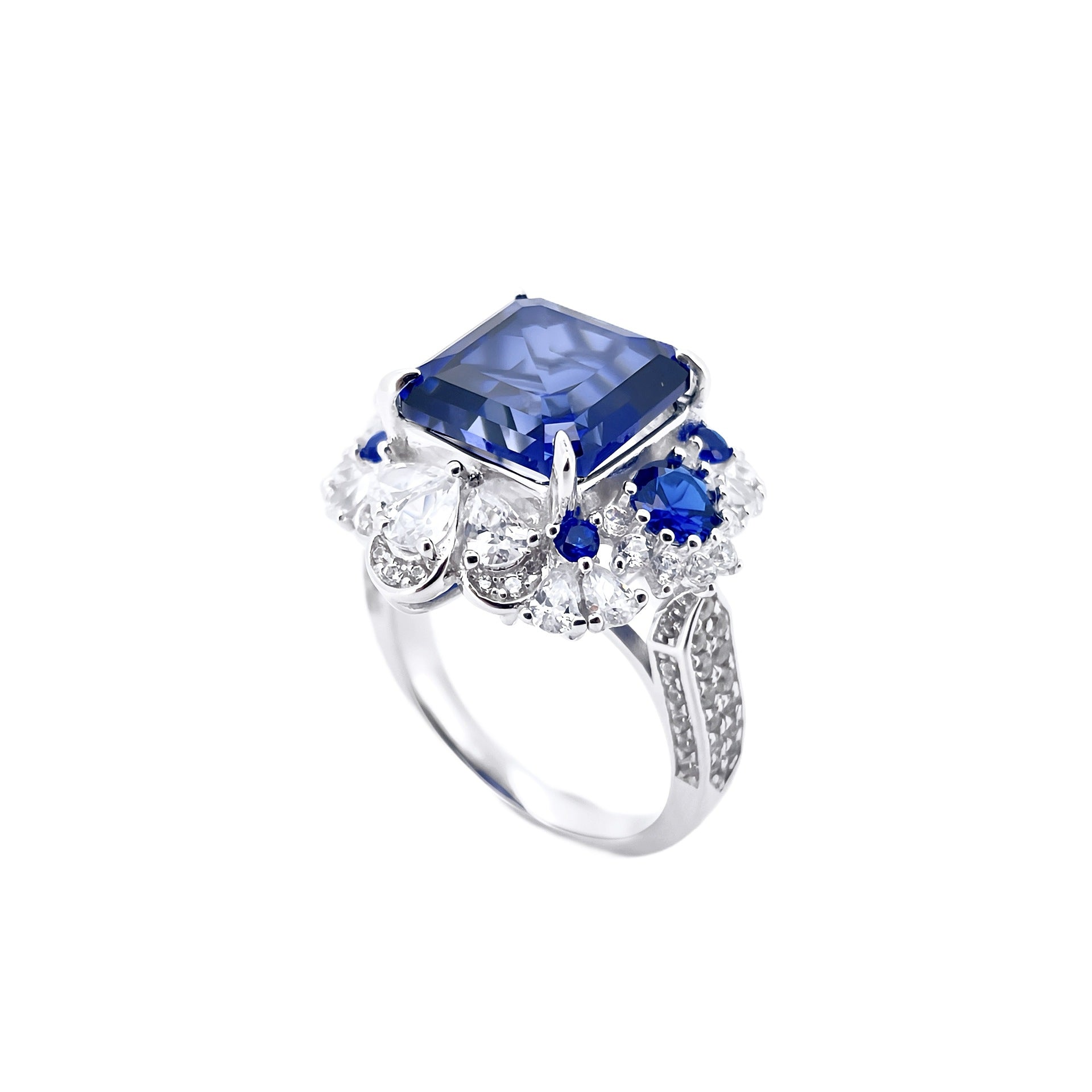925 Sterling Silver Lab Sapphire Square Halo Ring for Women, Heavy-Craft Premium - Photo 5