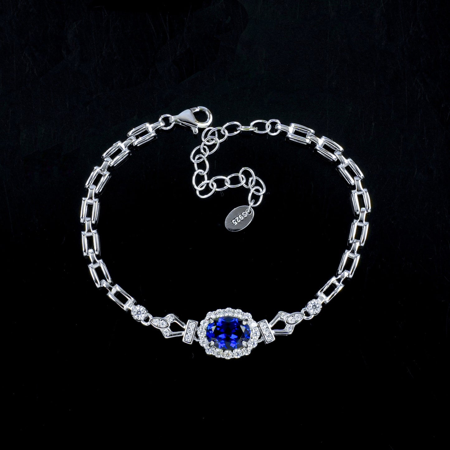 S925 Silver Oval Lab Sapphire Bracelet, Full Diamond Halo - Photo 2