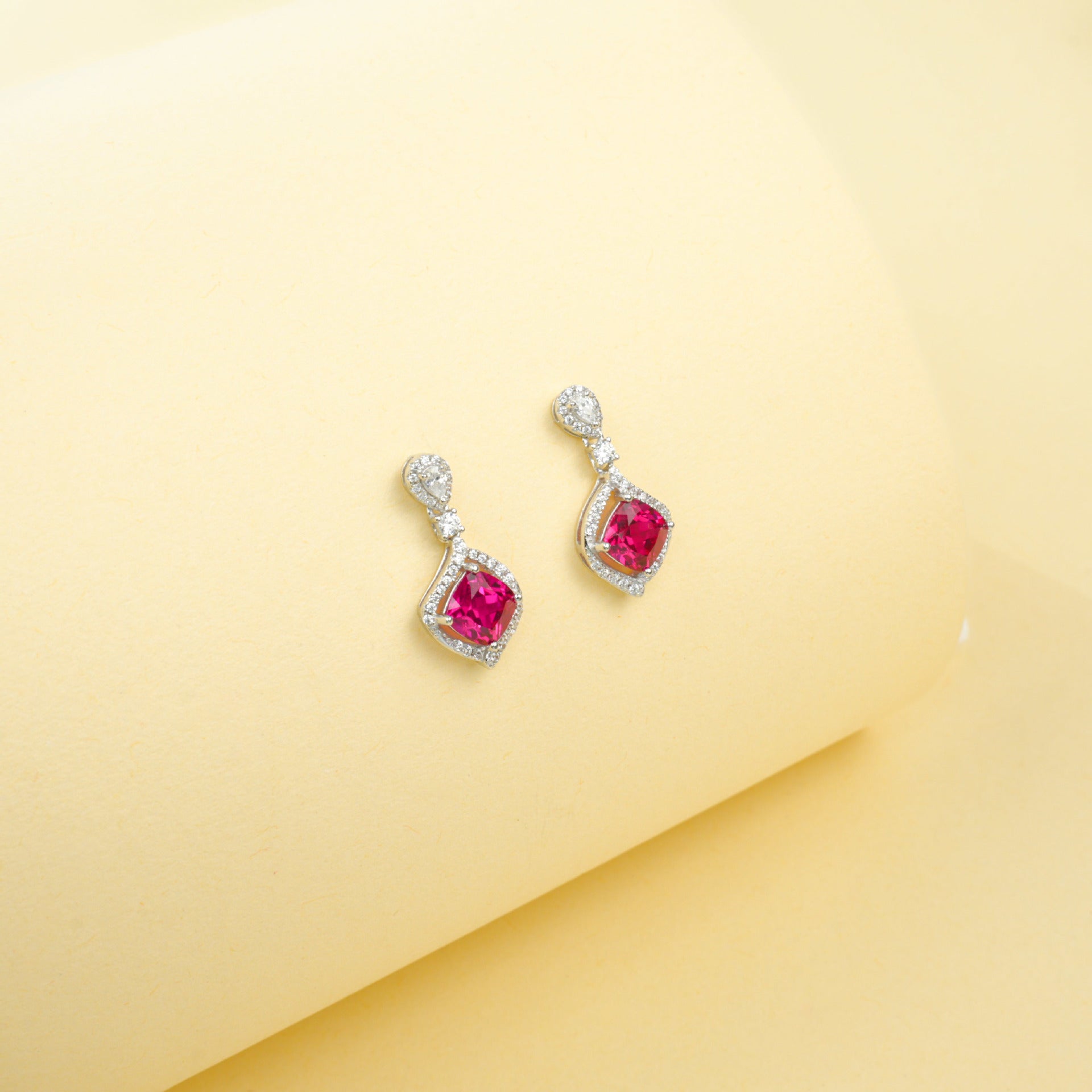S925 Silver Cushion Lab Ruby Drop Earrings Diamond-Shaped Full Diamond Halo, Wedding Evening Gift - Photo 3