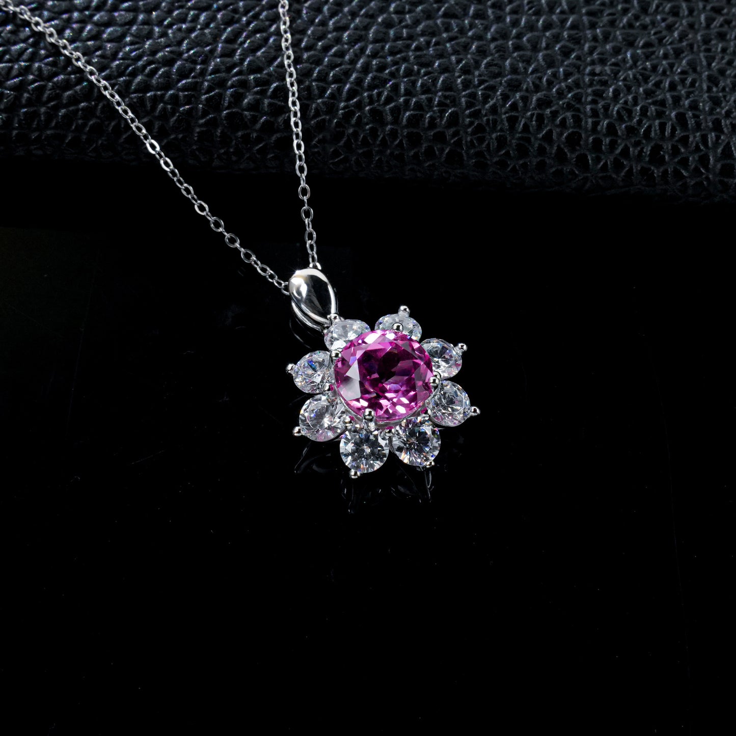 S925 Silver Sunflower Lab Pink Sapphire Necklace, Party Pendant Birthday - Photo 3