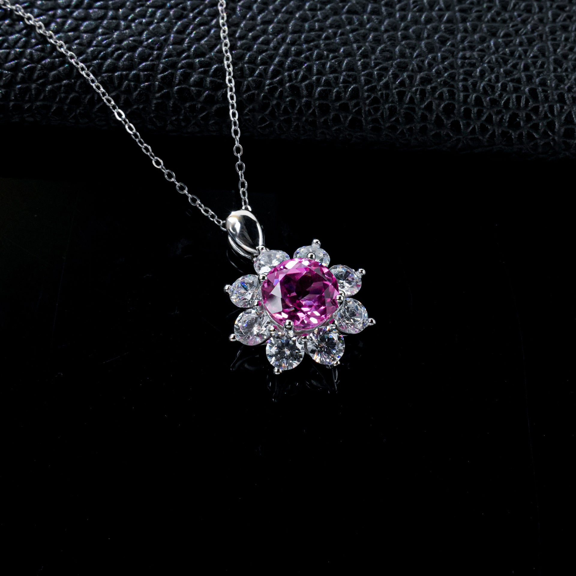 S925 Silver Sunflower Lab Pink Sapphire Necklace, Party Pendant Birthday - Photo 3
