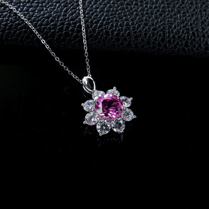 S925 Silver Sunflower Lab Pink Sapphire Necklace, Party Pendant Birthday - Photo 3