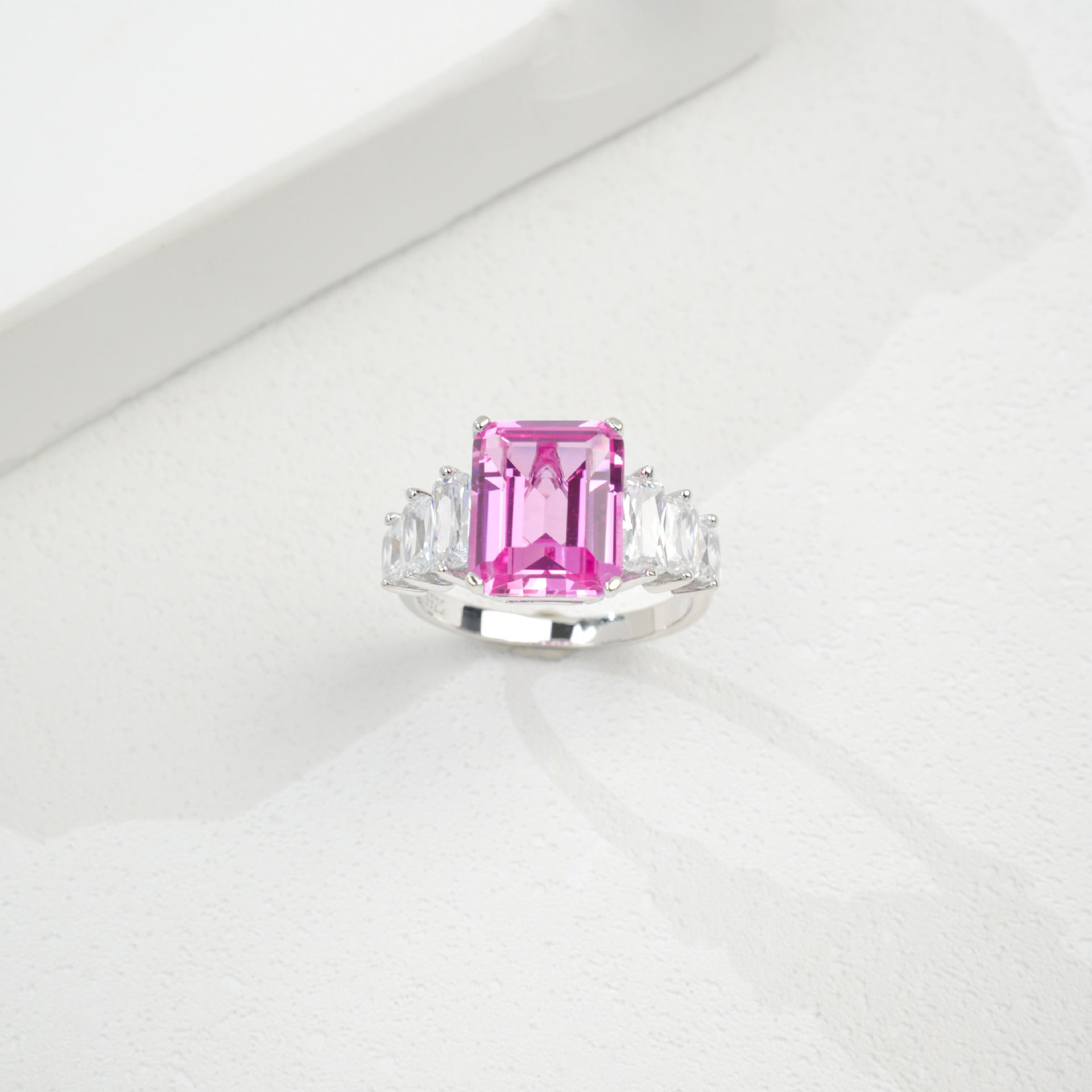 S925 Sterling Silver Lab Padparadscha Emerald-Cut Ring, Versatile - Photo 4
