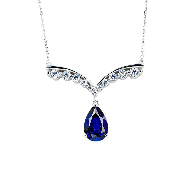 S925 Silver V-Shape Symmetric Pave Diamond Lab Sapphire Teardrop Pendant Necklace, Necklace Birthday Gift - Photo 5