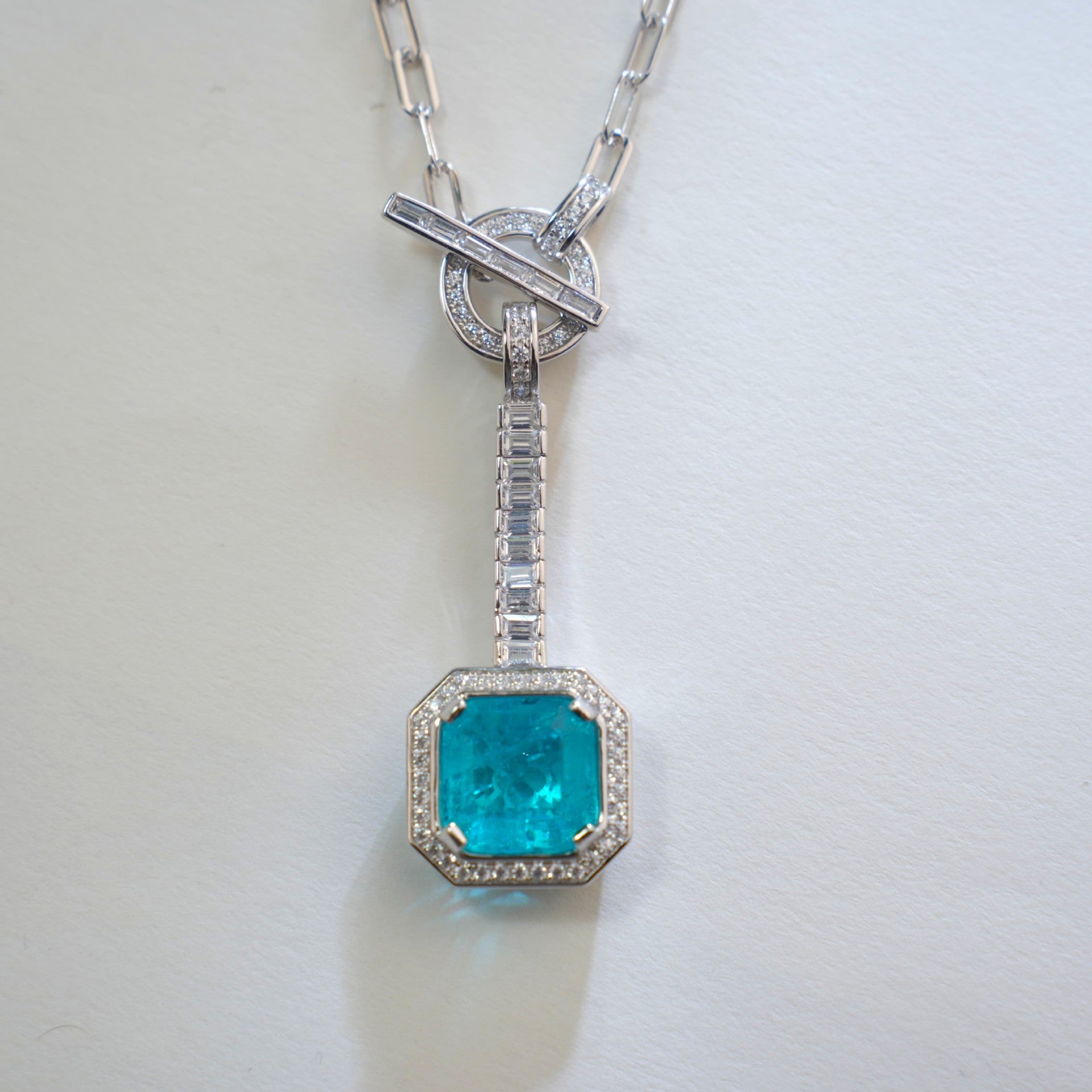 S925 Sterling Silver Paraiba Square Gemstone Pave Halo Pendant Necklace, Premium Versatile for Women - Photo 2
