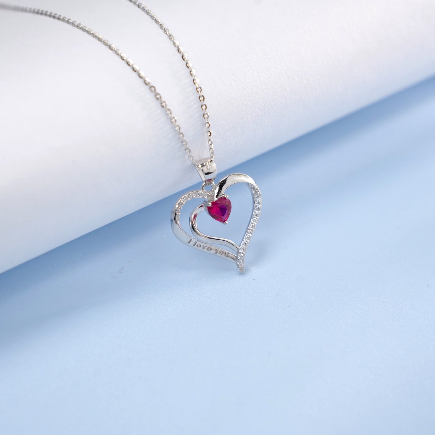 S925 Sterling Silver Lab Pigeon Blood Ruby Heart Pave Necklace, for Women - Photo 3