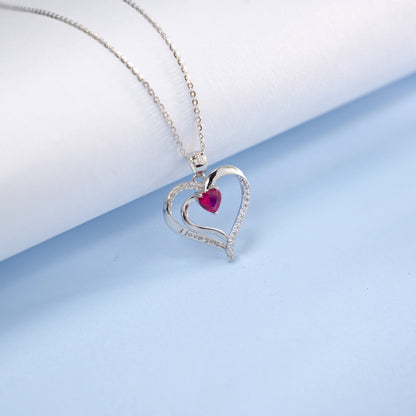 S925 Sterling Silver Lab Pigeon Blood Ruby Heart Pave Necklace, for Women - Photo 3