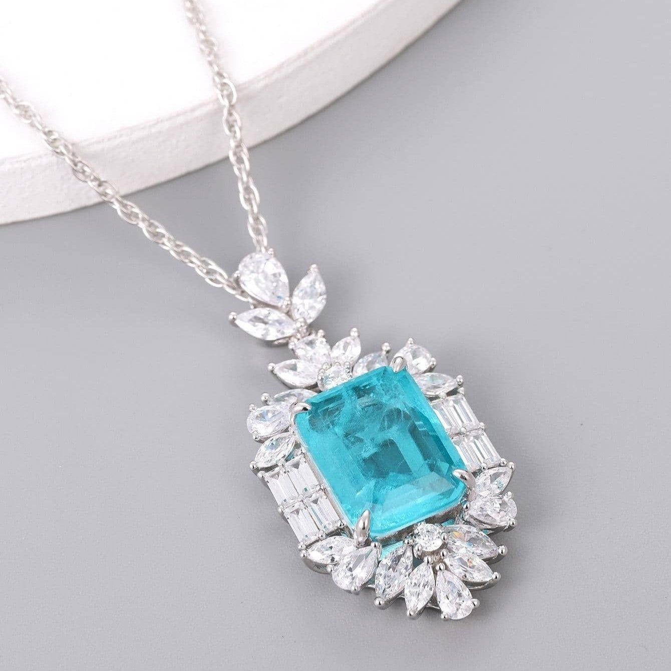 S925 Silver Emerald-Cut Paraiba Pendant Necklace Halo, Versatile Premium - Photo 4