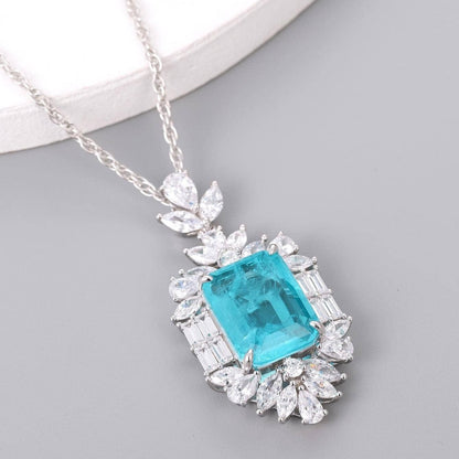 S925 Silver Emerald-Cut Paraiba Pendant Necklace Halo, Versatile Premium - Photo 4