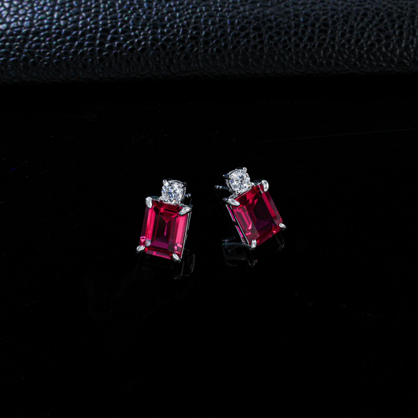 S925 Sterling Silver Lab Ruby Stud Earrings Rectangle Emerald-Cut, Simple Gemstone Earrings - Photo 3