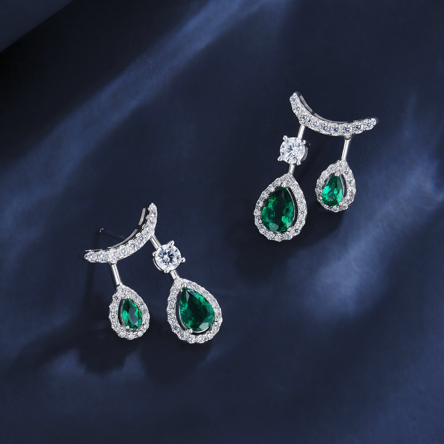 S925 Silver Crescent Arc Ear Cuff Double Teardrop Lab Emerald Diamond Halo, Evening - Photo 3