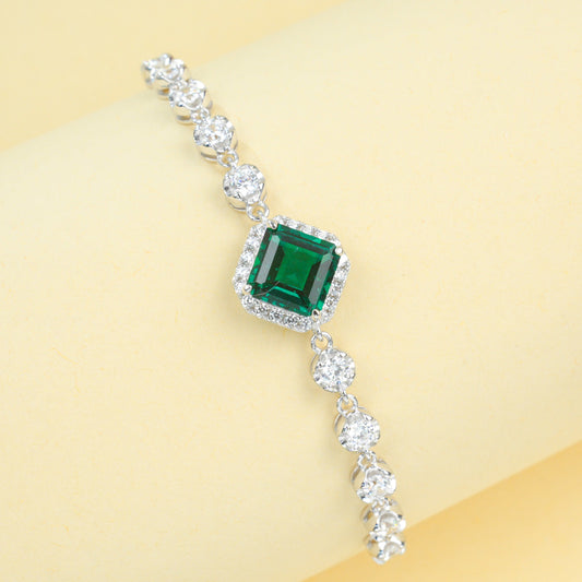 S925 Sterling Silver Lab Emerald Pave Bracelet, Vintage - Photo 2