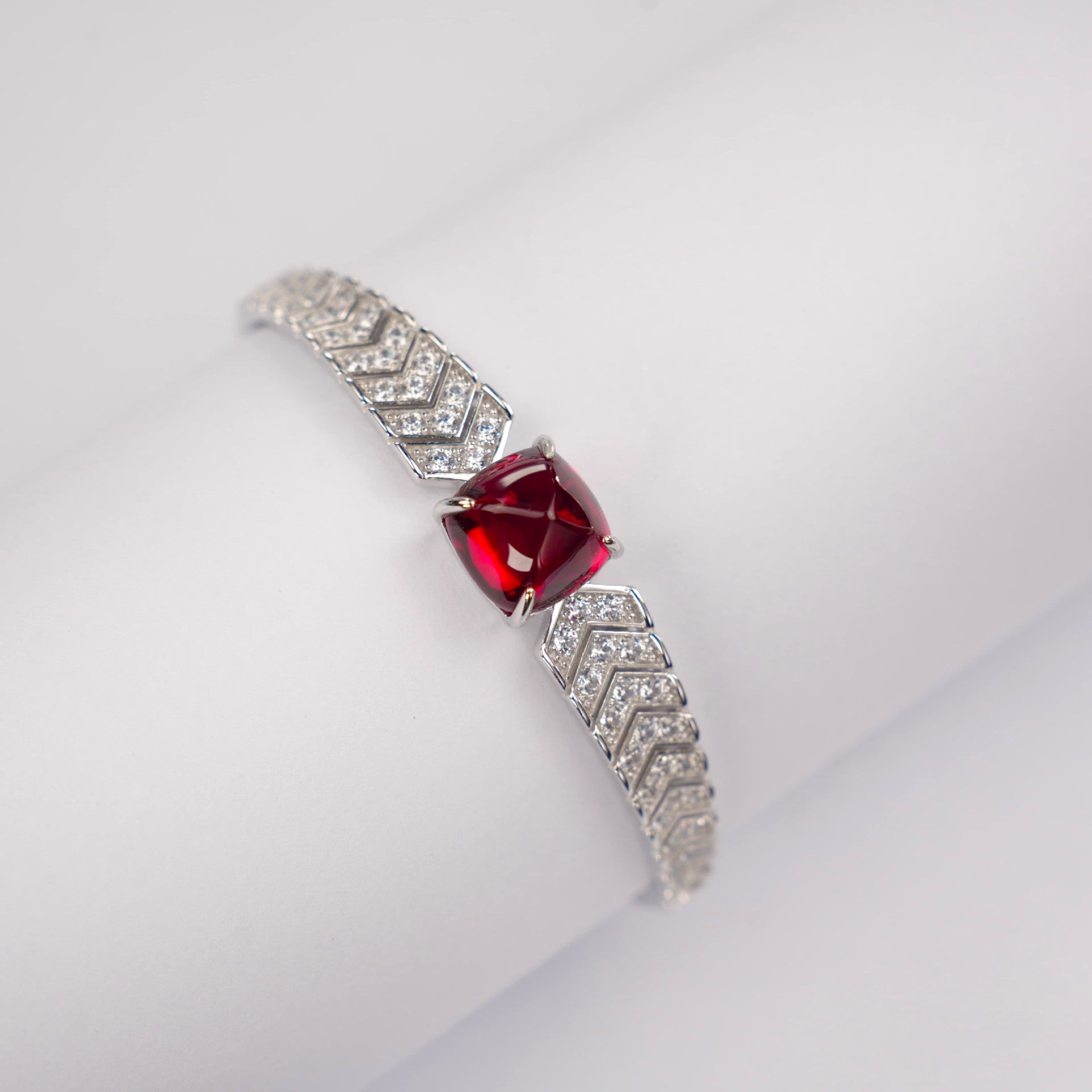 S925 Sterling Silver Lab Ruby Sugar-Loaf Bangle for Women, Designer Premium - Photo 3