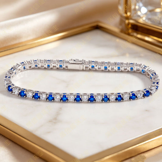 S925 Sterling Silver Lab Sapphire Pave Adjustable Tennis Bracelet, for Women - Photo 3