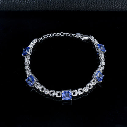 S925 Silver Square Cornflower Sapphire Bracelet, Geometric Chain Jewellery - Photo 3