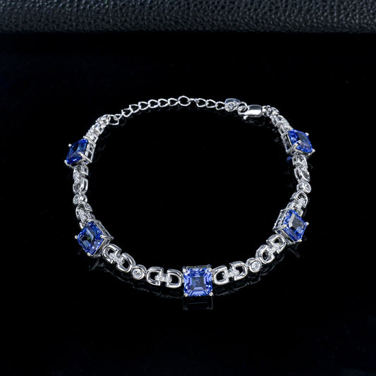 S925 Silver Square Cornflower Sapphire Bracelet, Geometric Chain Jewellery - Photo 3