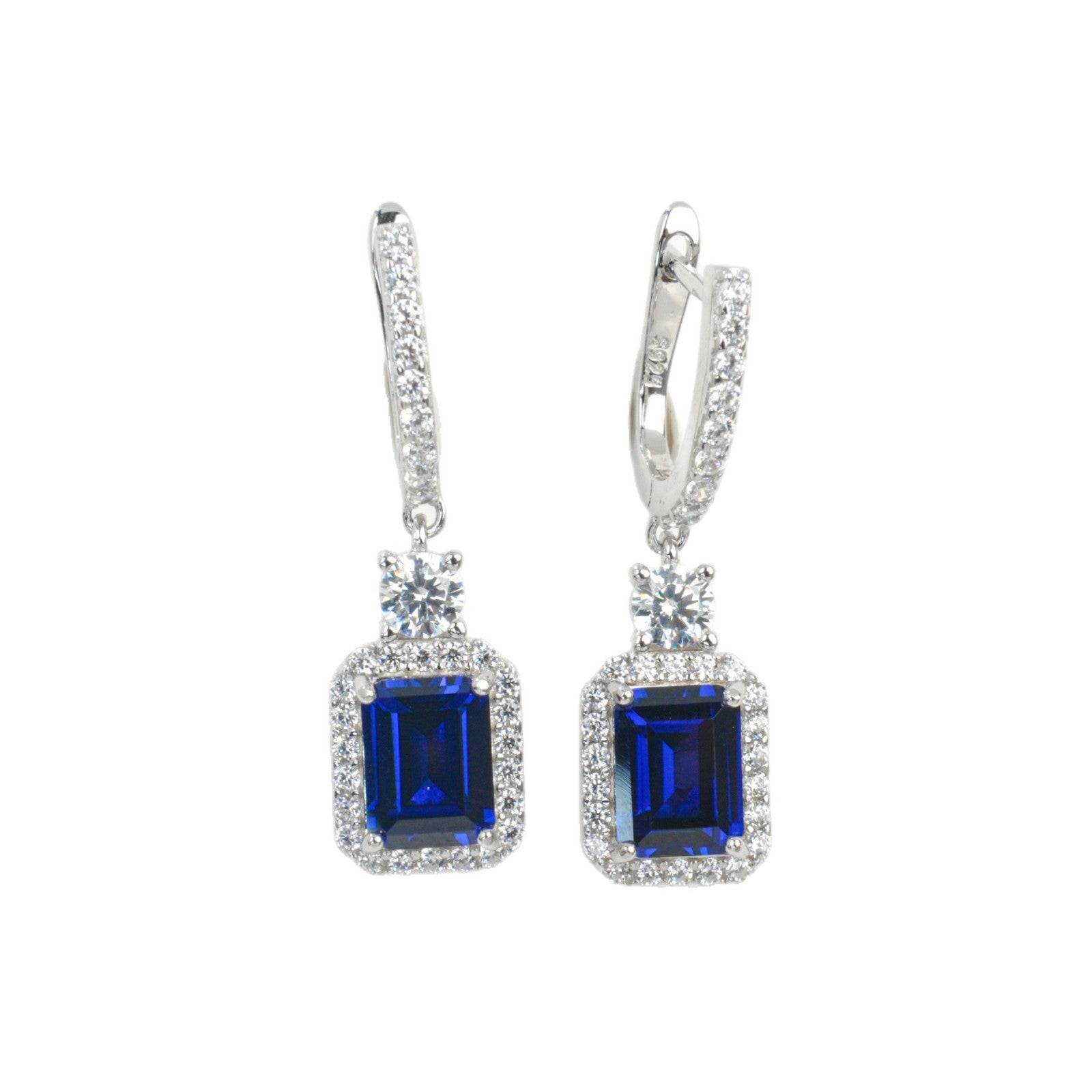 S925 Silver Lab Sapphire Drop Earrings, Diamond Halo Evening - Photo 5
