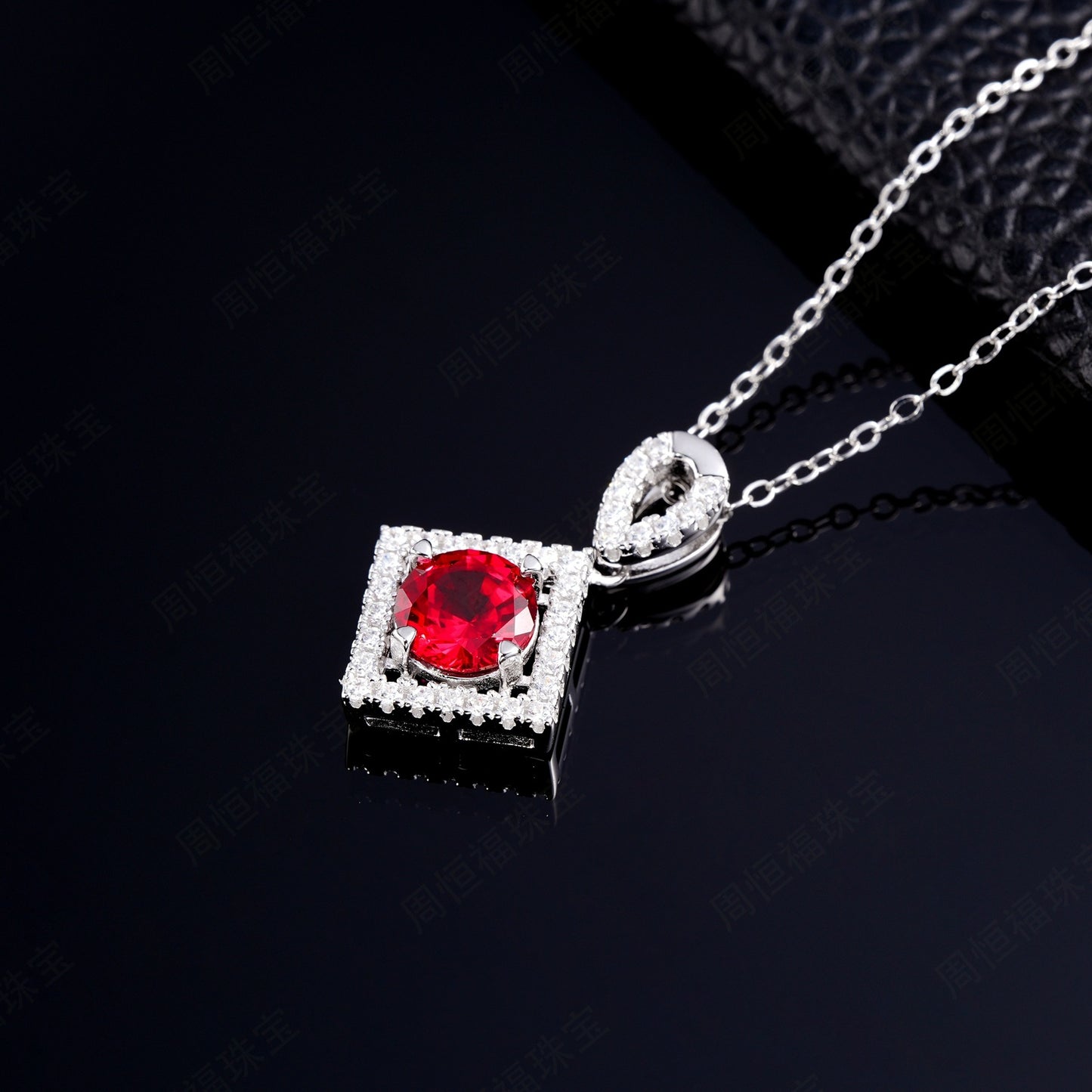 S925 Sterling Silver Lab Pigeon Blood Ruby Round Halo Pendant Choker, Premium Elegant - Photo 2