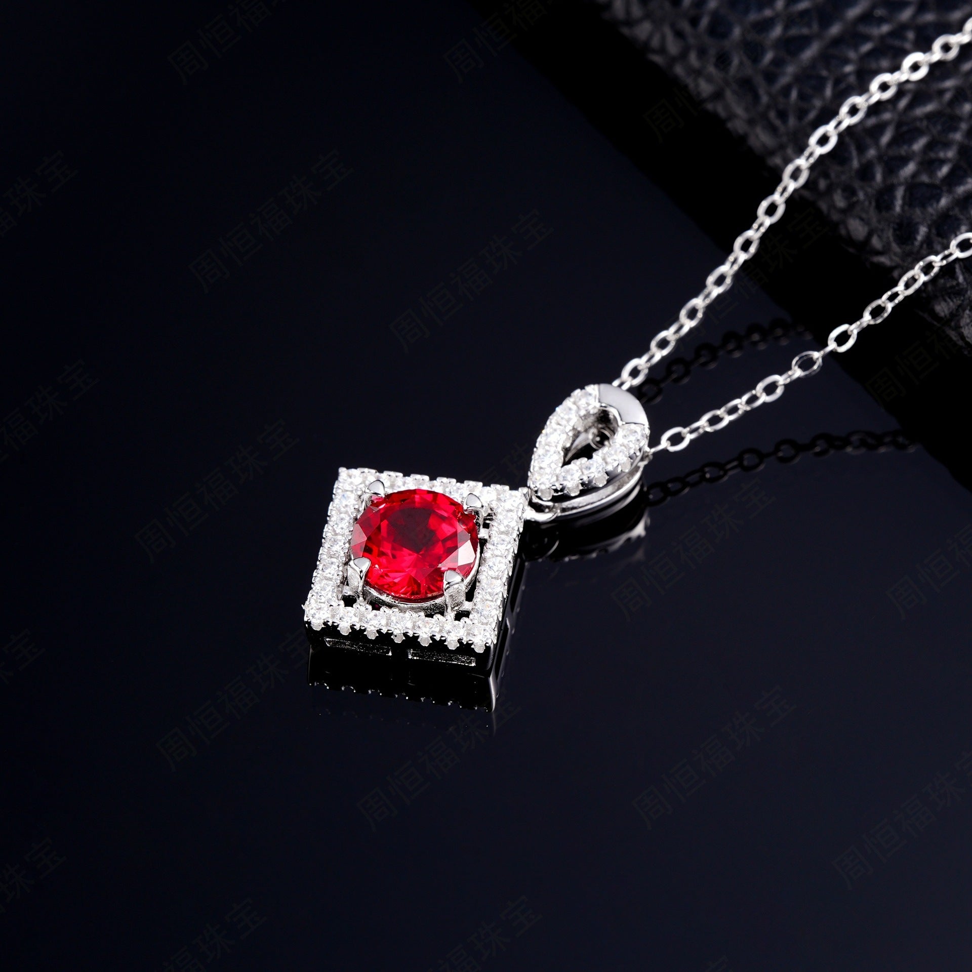 S925 Sterling Silver Lab Pigeon Blood Ruby Round Halo Pendant Choker, Premium Elegant - Photo 2