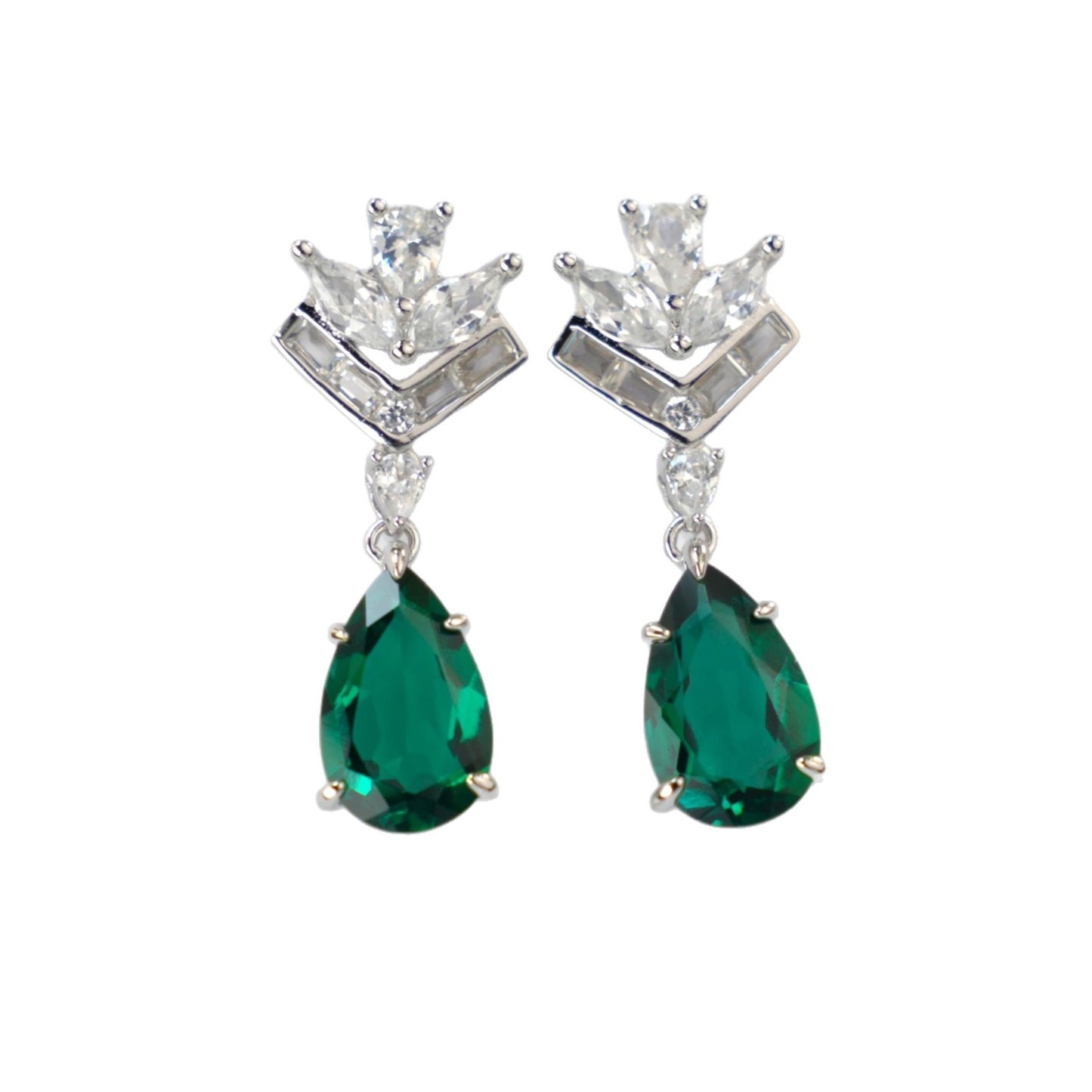 S925 Silver Crown Teardrop Lab Emerald Stud Earrings, Diamond Long Drop - Photo 5