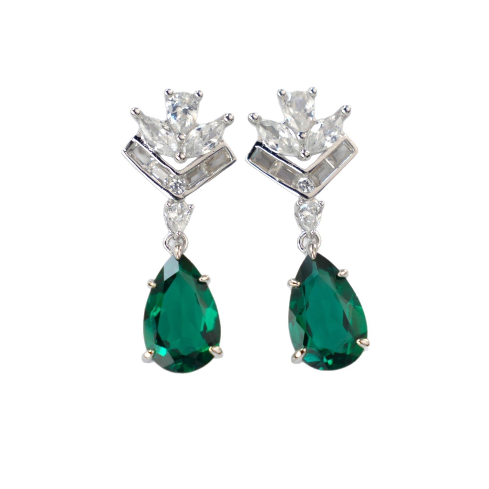 S925 Silver Crown Teardrop Lab Emerald Stud Earrings, Diamond Long Drop - Photo 5