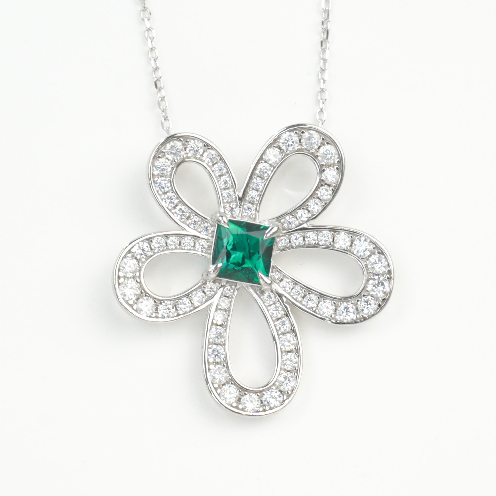 S925 Silver Five-Petal Flower Lab Emerald Diamond Halo, Women's Choker - Photo 1