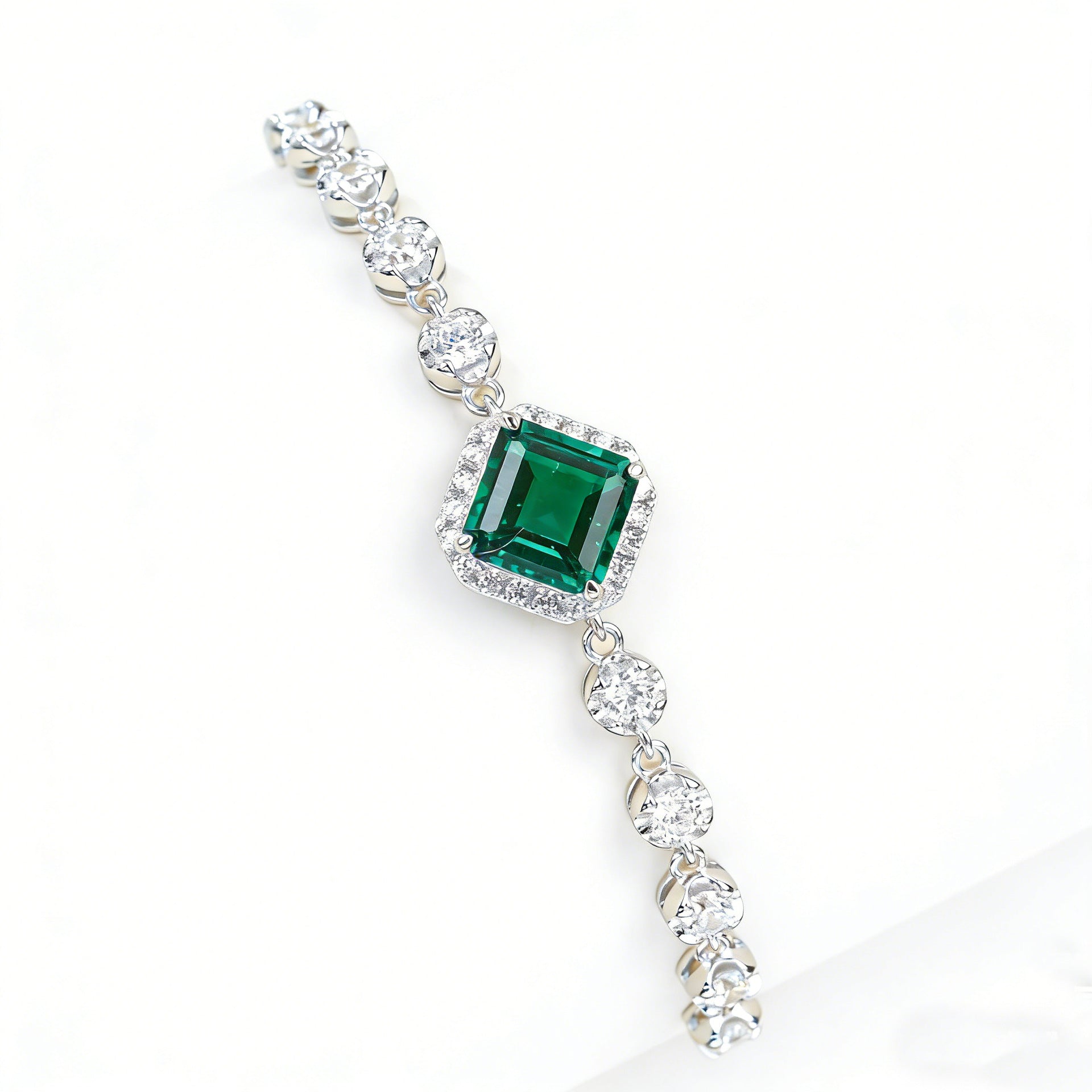 S925 Sterling Silver Lab Emerald Pave Bracelet, Vintage - Photo 5