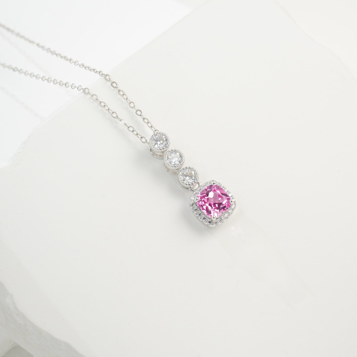 S925 Sterling Silver Lab Padparadscha Pave Step-Cut Pendant Necklace, for Women - Photo 2