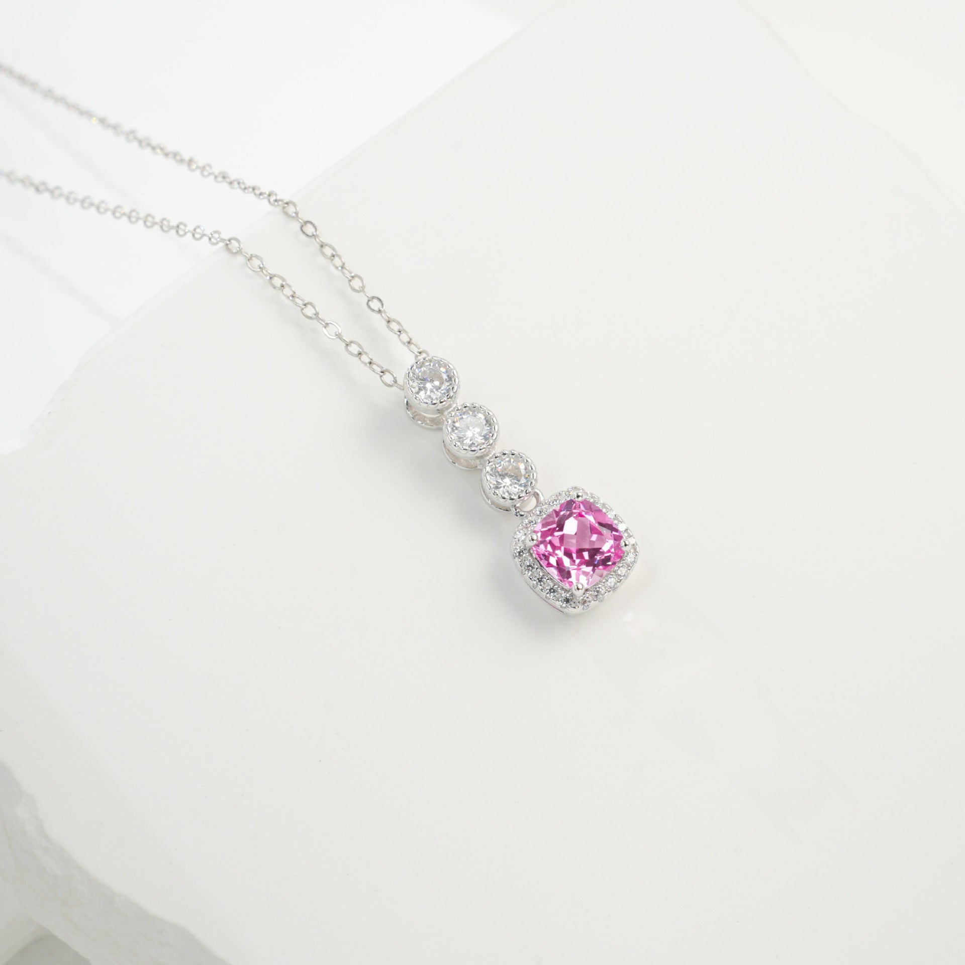 S925 Sterling Silver Lab Padparadscha Pave Step-Cut Pendant Necklace, for Women - Photo 2