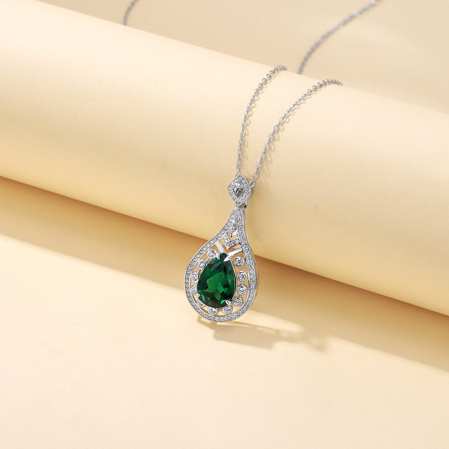 S925 Lab Emerald Teardrop Necklace, Sterling Silver Versatile - Photo 3