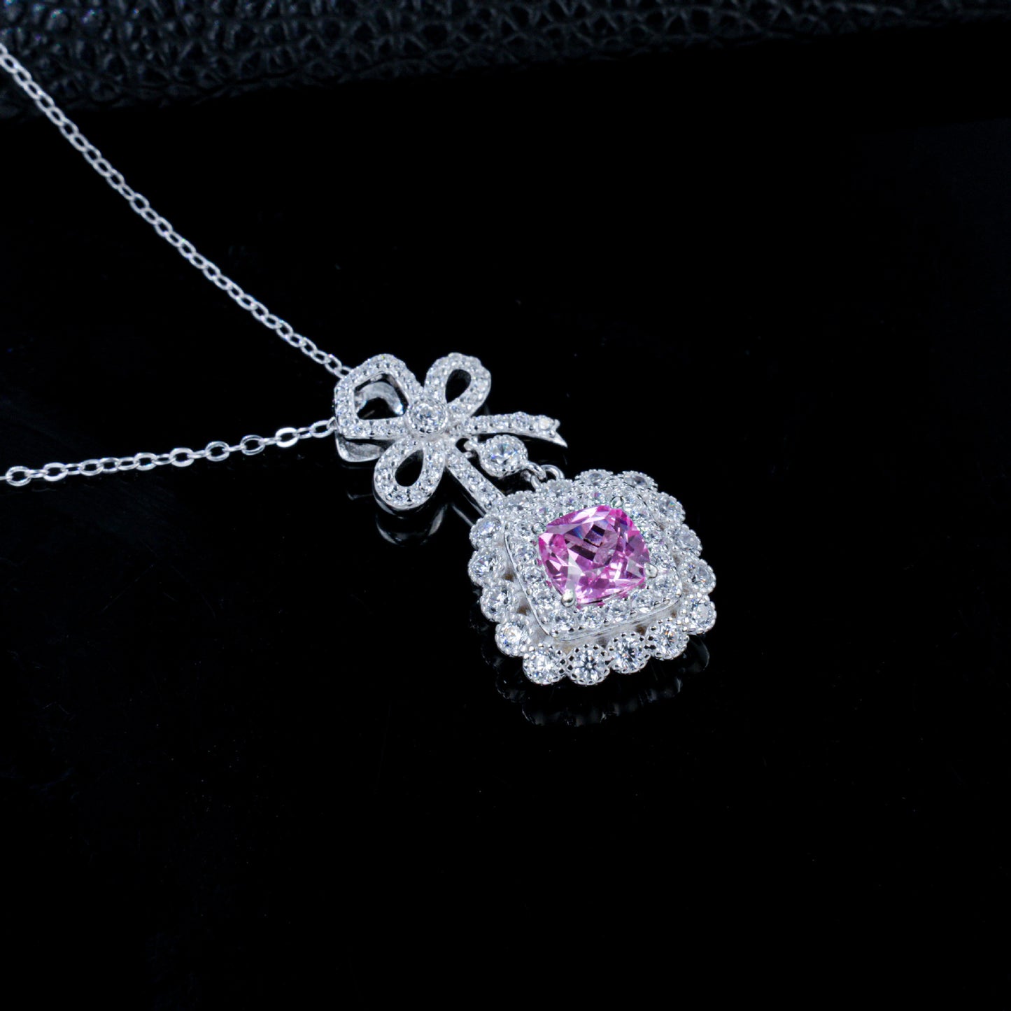Lab Pink Sapphire Sugarloaf Pendant S925 Rhodium-Plated Bow, Choker Necklace - Photo 3